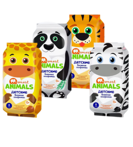 Влажные салфетки Smart animals №8 В АССОРТИМЕНТЕ детские с ромашкой и витамином Е mix